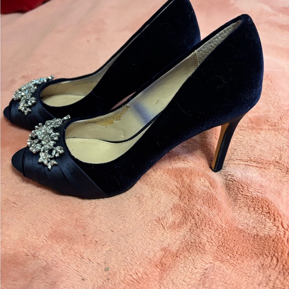 Nina New York Navy Satin Peep Toe Heels Rhinestone Size 6.5 - Picture 4 of 8